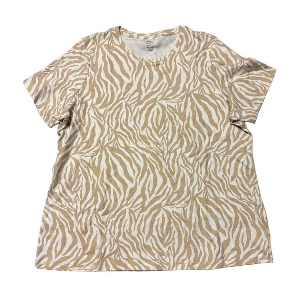 Kim Rogers T-Shirt Size XL Beige White Zebra Print Crewneck 100% Cotton